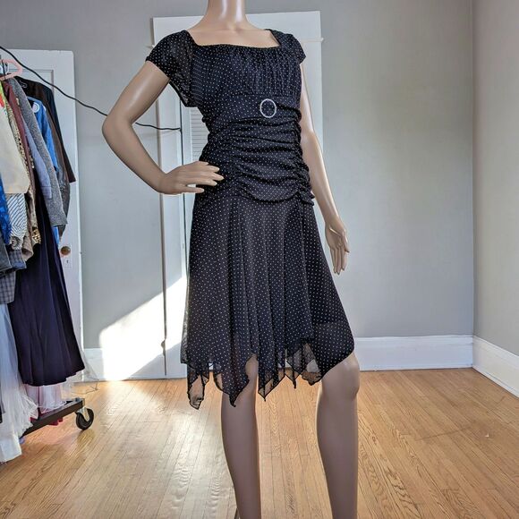 Vintage Y2K Polka Dot Mini Dress Mesh Milkmaid Whimsigoth Handkerchief Hem Large - Picture 6 of 12